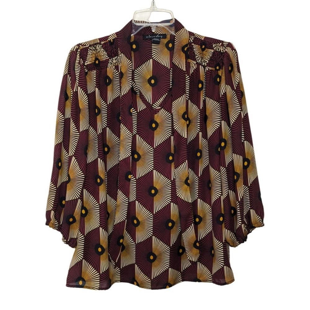 A Love Story 3/4" sleeve geometry burgundy yellow career pull over top XL‎ - Picture 2 of 12